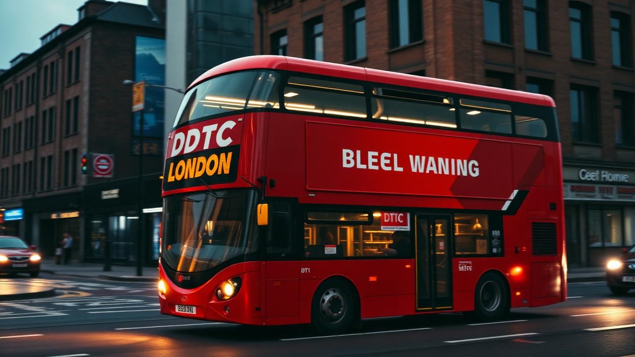 Red London double decker bus with a bold DTC brand wrap driving through Shoreditch