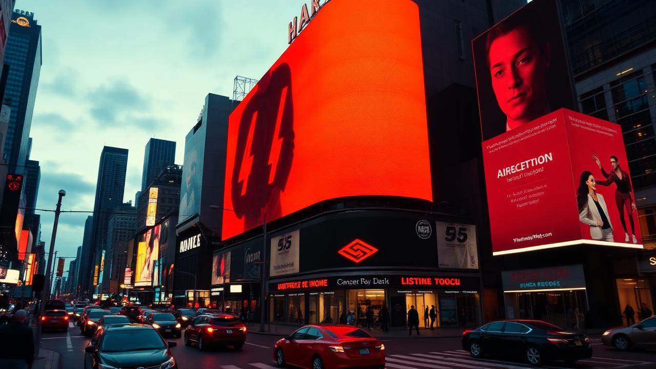 Neon orange digital billboard glowing over a city intersection at dusk