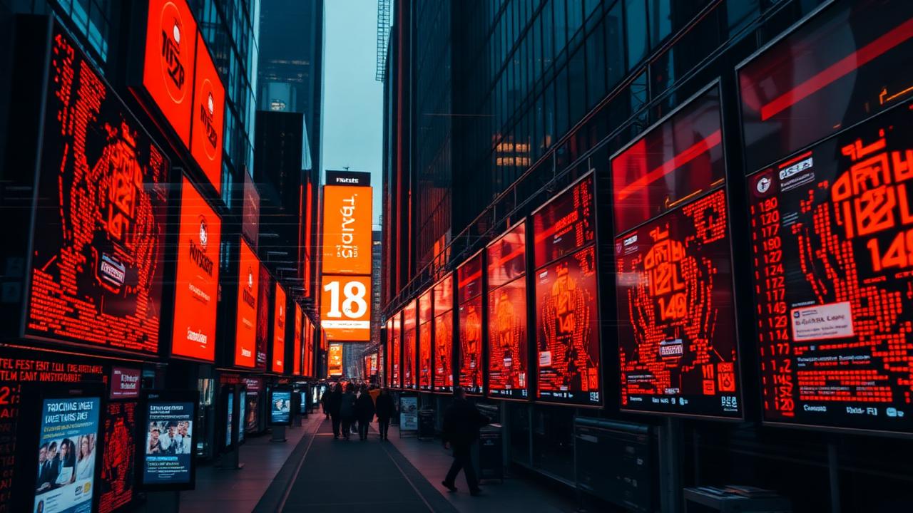 Rows of digital billboards in a modern city with overlaid data streams