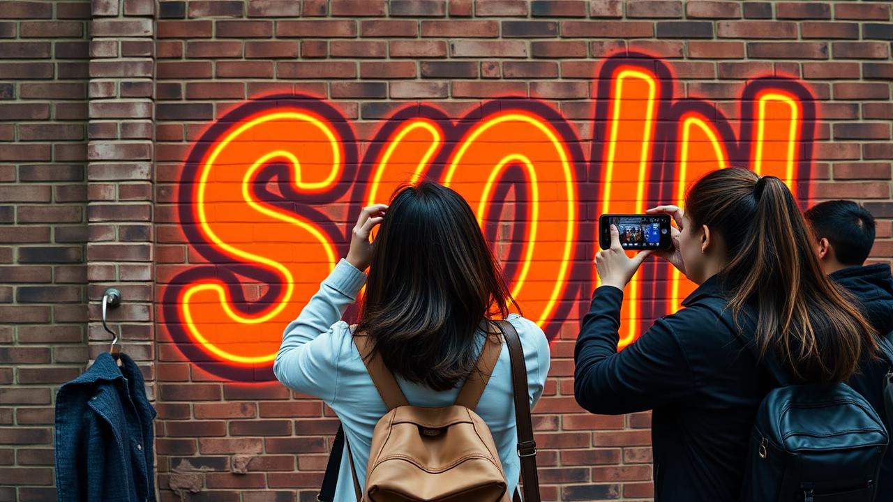 Passersby photographing a bold neon orange brand mural on a brick wall in East London