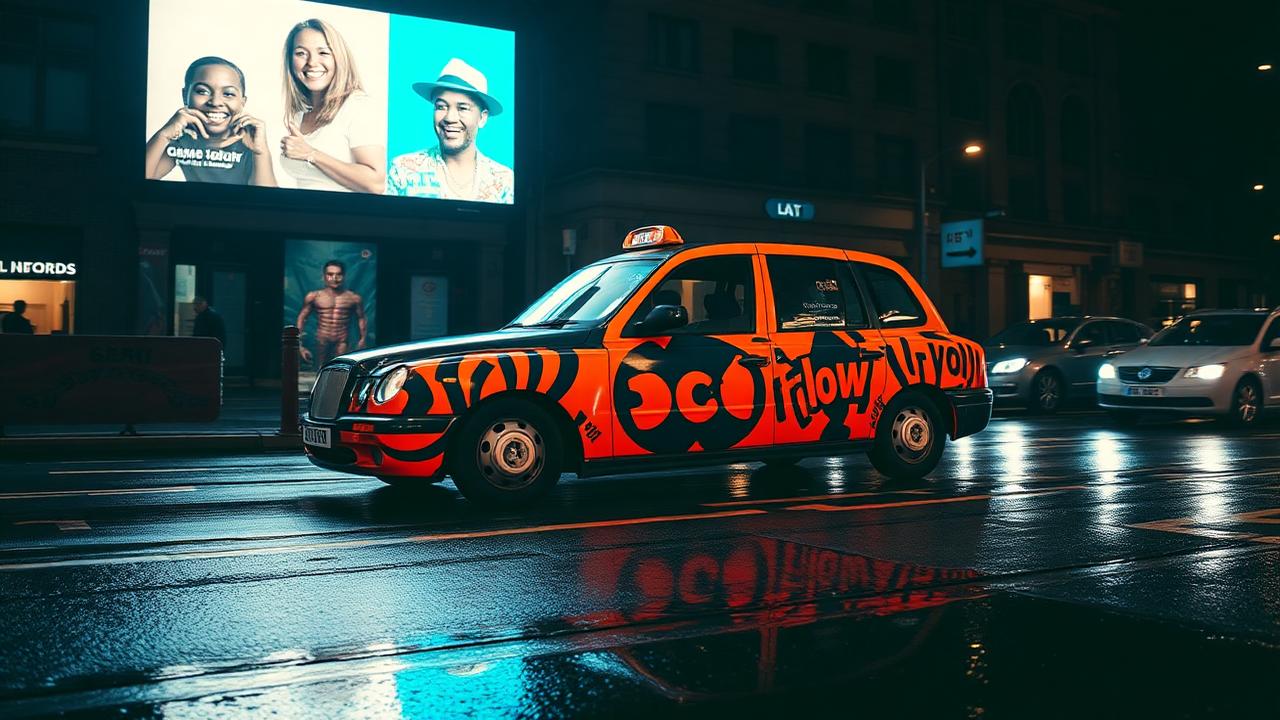 London black cab fully wrapped in bold neon orange brand livery on a wet street at night