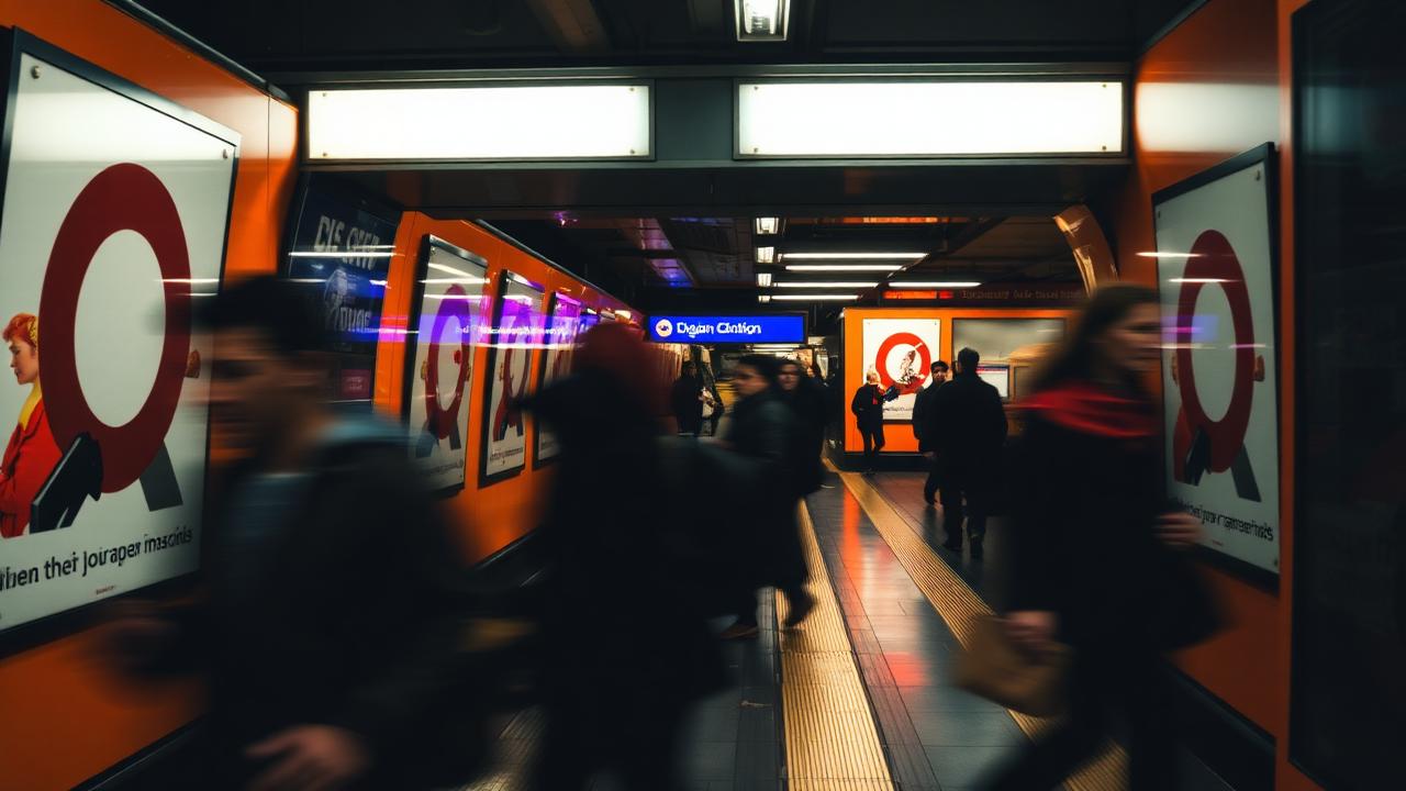London Underground platform with commuters and bold brand posters glowing warm orange